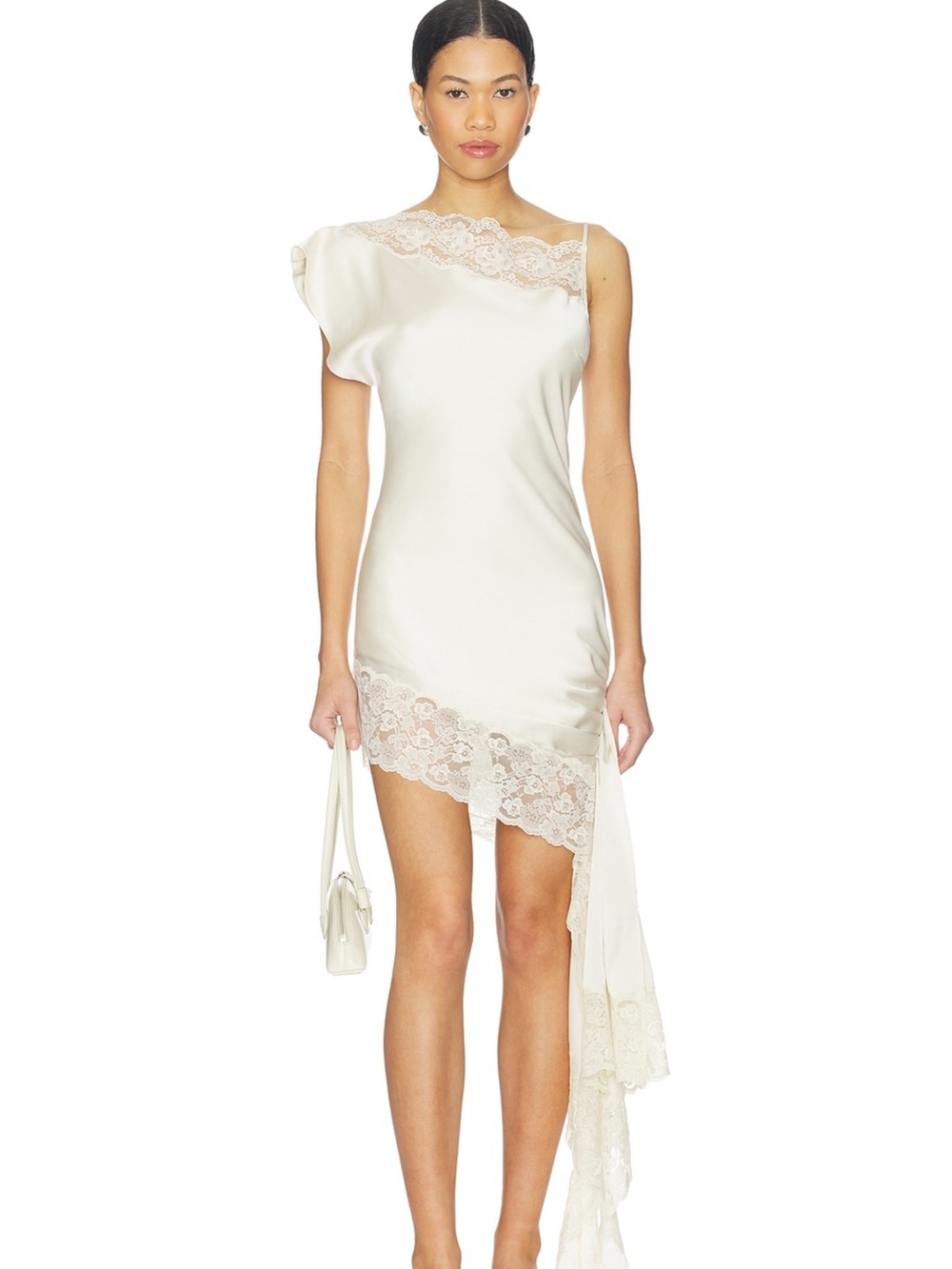 Lovers + Friends Cream Asymmetric Lace-Trim Satin Mini Dress